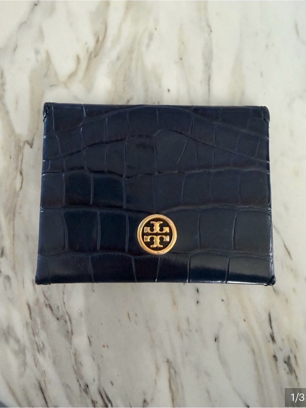 Tory Burch Navy Croc-Embossed Leather Card Case with Gold Logo